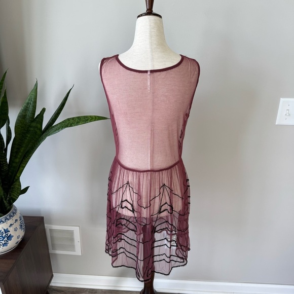 Free People Sheer Burgundy Dress with Black Beaded Embellished Design - Picture 2 of 9